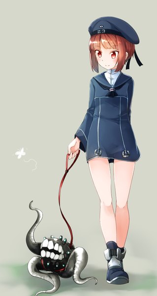 Anime picture 540x1013 with kantai collection z3 destroyer (max schultz) enemy naval mine (kantai collection) comah single tall image blush fringe short hair simple background smile red eyes brown hair looking away full body blunt bangs grey background character names arm behind back walking