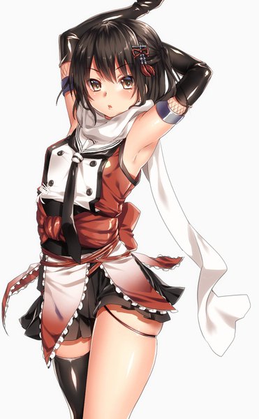 Anime picture 928x1500 with kantai collection sendai light cruiser keita (tundereyuina) single tall image looking at viewer blush fringe short hair open mouth light erotic black hair simple background standing white background brown eyes arms up armpit (armpits) shiny skin arms behind head