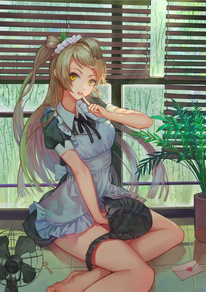 Anime picture 1240x1754 with love live! school idol project sunrise (studio) love live! minami kotori hoshimawa single long hair tall image looking at viewer open mouth brown hair sitting yellow eyes bare legs maid one side up girl dress plant (plants) animal