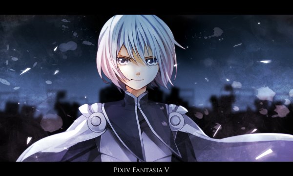 Anime picture 1200x720 with original pixiv fantasia pixiv fantasia v emanuel (pixiv fantasia) tama (songe) looking at viewer short hair smile wide image purple eyes purple hair wind inscription night letterboxed boy cape