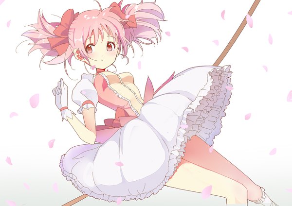 Anime picture 1400x989 with mahou shoujo madoka magica shaft (studio) kaname madoka yoshioka pochi single looking at viewer short hair twintails pink hair ahoge pink eyes puffy sleeves short twintails frilled dress magical girl girl gloves bow hair bow petals