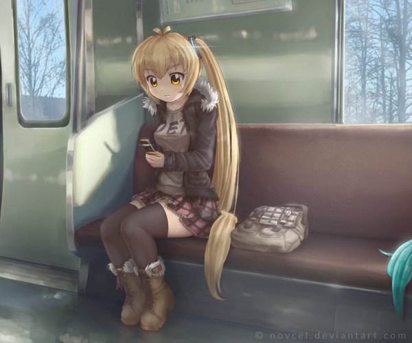 Anime picture 1320x1100 with vocaloid akita neru novcel single blonde hair sitting signed yellow eyes long sleeves very long hair looking back open clothes open jacket zettai ryouiki side ponytail plaid skirt bare tree train interior girl thighhighs