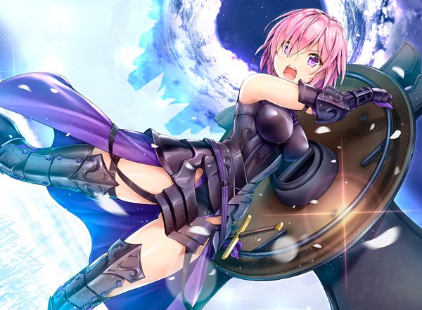 Anime-Bild 1000x738 mit fate (series) fate/grand order mash kyrielight kotatsu (kotatsu358) single looking at viewer blush fringe short hair breasts open mouth light erotic standing purple eyes holding pink hair sky cloud (clouds) outdoors arm up