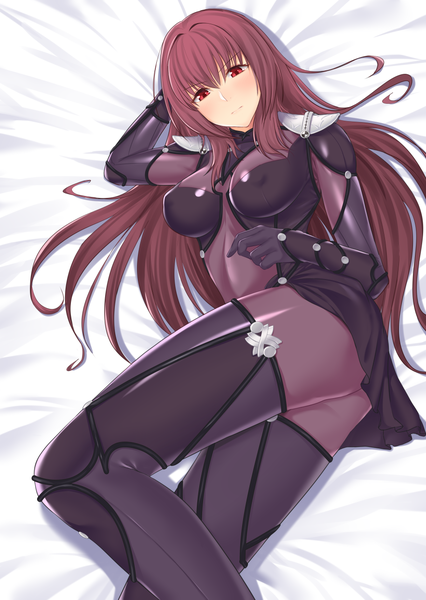 Anime picture 883x1243 with fate (series) fate/grand order scathach (fate) (all) scathach (fate) shukurimu single long hair tall image looking at viewer blush fringe breasts light erotic hair between eyes red eyes purple hair lying on side covered nipples arm behind head