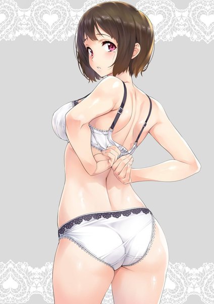 Anime picture 811x1148 with hibike! euphonium kyoto animation nakaseko kaori nagayori single tall image looking at viewer blush fringe short hair breasts light erotic simple background brown hair large breasts ass parted lips pink eyes from behind grey background