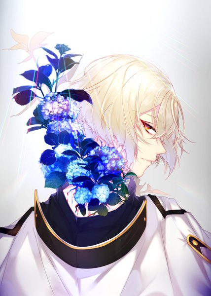 Anime picture 2500x3500 with touken ranbu nitroplus higekiri (touken ranbu) motsuni (lxxe1120) single tall image looking at viewer highres short hair simple background blonde hair brown eyes profile from behind grey background boy flower (flowers) hydrangea