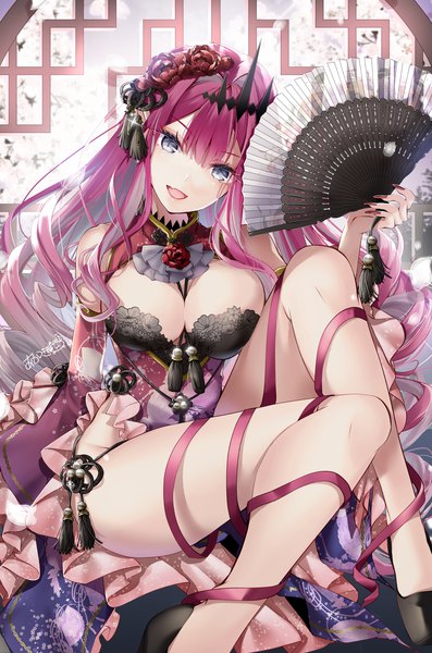 Anime picture 1200x1815 with fate (series) fate/grand order baobhan sith (fate) akatsuki hijiri single long hair tall image looking at viewer fringe breasts open mouth blue eyes light erotic large breasts sitting holding signed cleavage bent knee (knees) blunt bangs