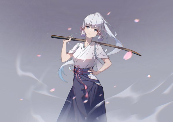 Anime picture 3508x2480 with genshin impact kamisato ayaka vuvkhkgi single long hair looking at viewer fringe highres absurdres silver hair ponytail traditional clothes japanese clothes hand on hip silver eyes girl weapon petals sword hakama
