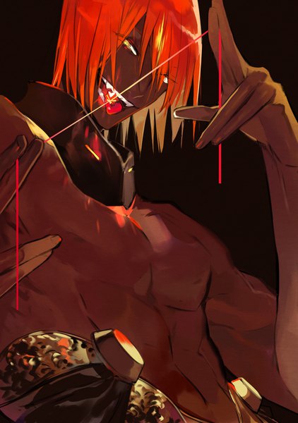 Anime picture 756x1075 with fate (series) fate/grand order ashwatthama (fate) itefu single tall image looking at viewer short hair simple background yellow eyes upper body red hair teeth dark skin black background topless boy tongue thread red thread