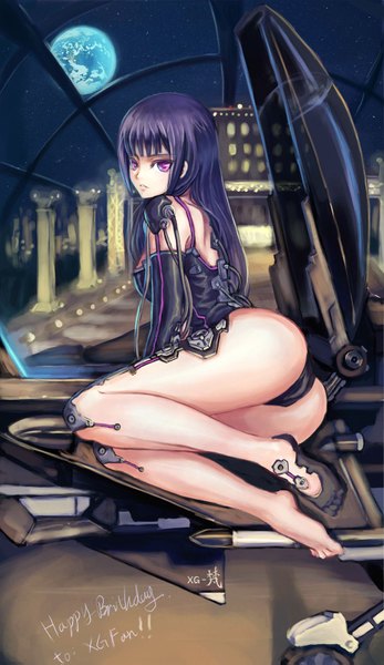 Anime picture 1000x1727 with original bryanth single long hair tall image looking at viewer blush light erotic purple eyes purple hair ass looking back barefoot legs happy birthday mechanical parts girl full moon mecha
