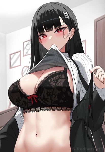 Anime picture 3239x4700 with blue archive rio (blue archive) sensei (blue archive) doodle sensei (blue archive) s redbutterfly single long hair tall image looking at viewer blush fringe highres breasts light erotic black hair red eyes large breasts standing holding absurdres