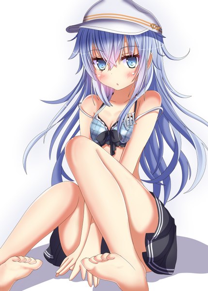 Anime picture 666x932 with kantai collection hibiki destroyer verniy destroyer aruka (alka p1) single long hair tall image looking at viewer blush fringe open mouth blue eyes light erotic simple background hair between eyes white background sitting bare shoulders blue hair cleavage