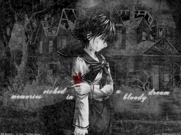 Anime picture 1024x768 with phantom of inferno nitroplus ein (phantom) moati-san single short hair black hair profile night looking down monochrome dark background third-party edit blood on face bloody clothes injury bloody weapon spot color girl uniform