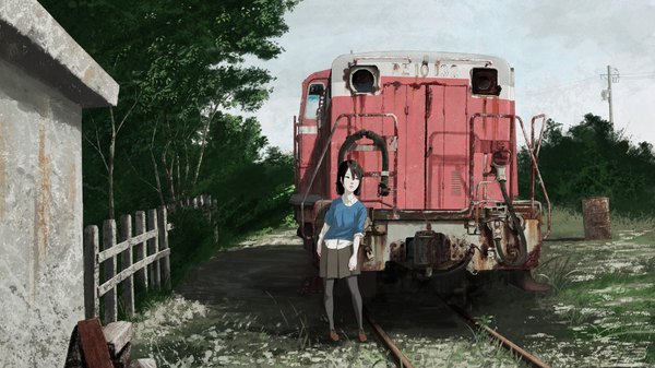 Anime picture 1920x1080 with original topipan single highres short hair brown hair wide image brown eyes girl plant (plants) pantyhose tree (trees) grass fence train railways