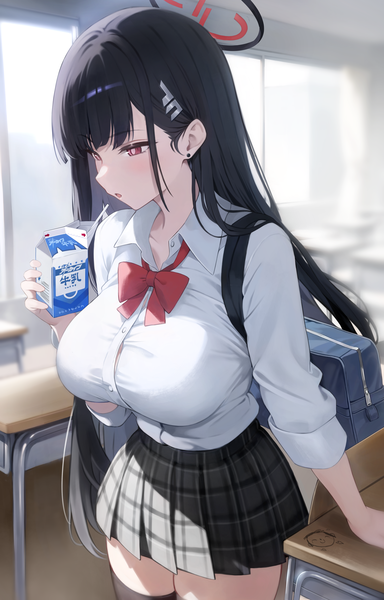 Anime picture 3900x6100 with blue archive rio (blue archive) sensei (blue archive) doodle sensei (blue archive) preview (preview0) single long hair tall image fringe highres breasts open mouth black hair red eyes large breasts standing holding looking away absurdres indoors