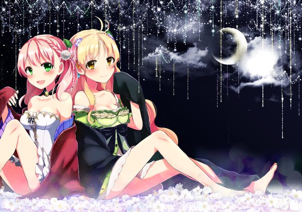 Anime picture 1200x842 with atelier (series) atelier escha & logy atelier ayesha gust (company) escha malier ayesha altugle 38kb (38shiki) long hair looking at viewer blush open mouth blonde hair smile sitting bare shoulders multiple girls green eyes yellow eyes pink hair cloud (clouds)