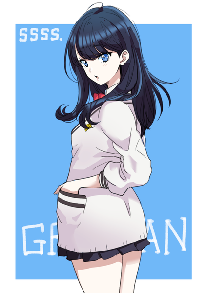 Anime picture 566x800 with gridman universe ssss.gridman studio trigger takarada rikka tsukikage oyama single long hair tall image looking at viewer fringe blue eyes black hair copyright name border blue background hand in pocket girl skirt uniform school uniform