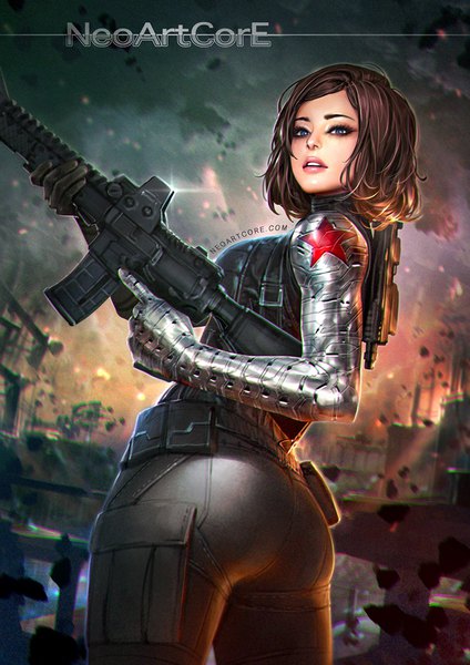 Anime picture 800x1132 with marvel comics winter soldier (bucky) nudtawut thongmai single tall image looking at viewer short hair blue eyes brown hair holding signed parted lips looking back lips realistic eyeshadow genderswap girl weapon star (symbol)