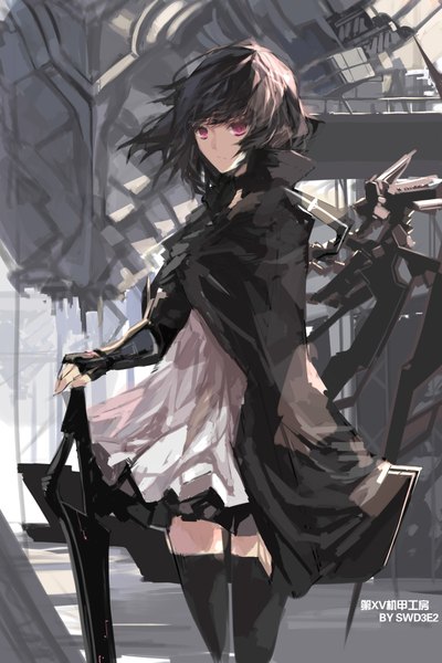 Anime picture 1417x2125 with original pixiv fantasia pixiv fantasia fallen kings swd3e2 single tall image looking at viewer fringe standing pink eyes wind sunlight mechanical girl thighhighs dress gloves weapon black thighhighs black gloves