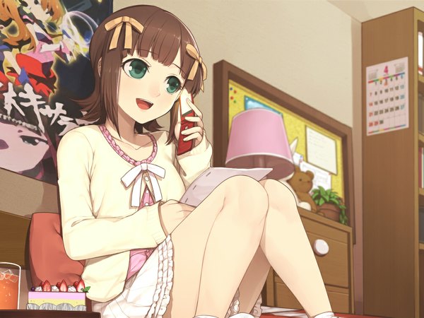 Anime picture 1000x750 with idolmaster amami haruka hitoto single short hair open mouth brown hair green eyes girl dress bow hair bow sweets cake phone
