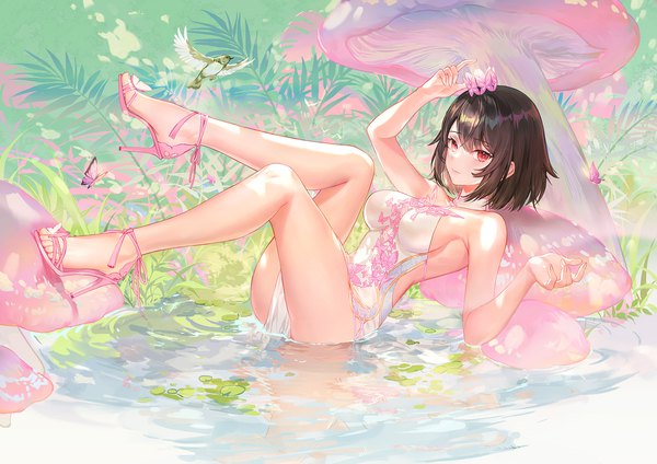 Anime picture 1700x1202 with original atdan single looking at viewer blush fringe short hair breasts light erotic hair between eyes red eyes brown hair large breasts full body bent knee (knees) outdoors arm up light smile high heels partially submerged