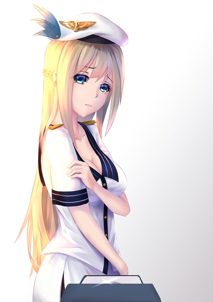 Anime picture 1417x2005 with warship girls r lexington (warship girls r) iandrea single long hair tall image looking at viewer blush breasts blue eyes simple background blonde hair large breasts white background cleavage braid (braids) gradient background side braid sad girl