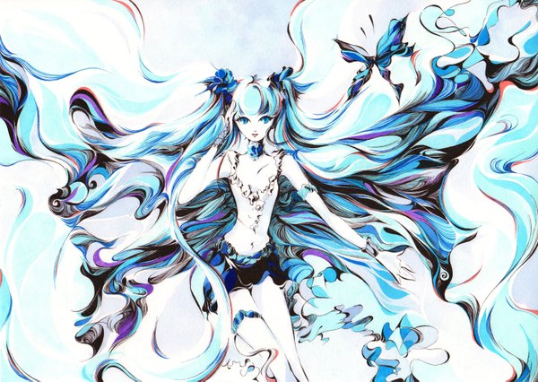 Anime picture 1500x1067 with vocaloid hatsune miku charmal (pixiv) single blue eyes smile white background twintails blue hair cleavage very long hair hair flower girl skirt hair ornament bracelet