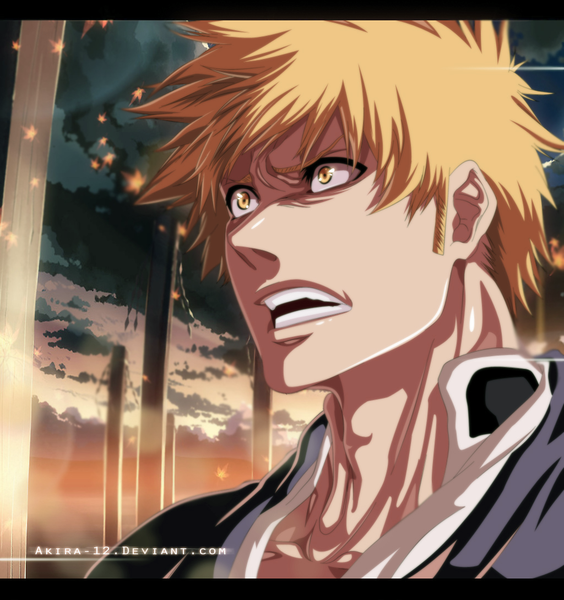 Anime picture 1024x1090 with bleach studio pierrot kurosaki ichigo akira-12 single tall image short hair open mouth sky cloud (clouds) japanese clothes orange hair orange eyes coloring portrait boy kimono