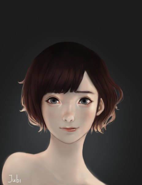 Anime picture 2550x3300 with original jubi (regiana) single tall image looking at viewer fringe highres short hair brown hair bare shoulders signed upper body blunt bangs realistic grey eyes lipstick lip biting girl
