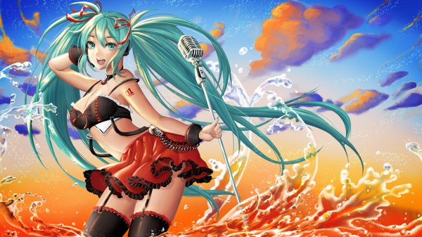 Anime-Bild 3000x1688 mit vocaloid hatsune miku momong (apple_minne) single looking at viewer fringe highres breasts open mouth wide image standing twintails holding sky cleavage cloud (clouds) nail polish aqua eyes fingernails aqua hair