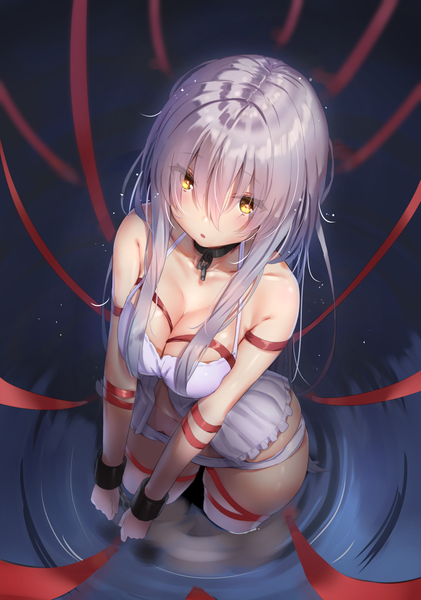 Anime picture 1067x1522 with original reinama single long hair tall image looking at viewer blush fringe breasts open mouth light erotic hair between eyes standing bare shoulders yellow eyes silver hair from above partially submerged looking up ripples