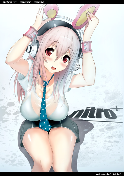 Anime picture 2507x3541 with nitroplus super sonico akatsuki ikki single long hair tall image blush highres breasts light erotic red eyes large breasts pink hair girl necktie headphones
