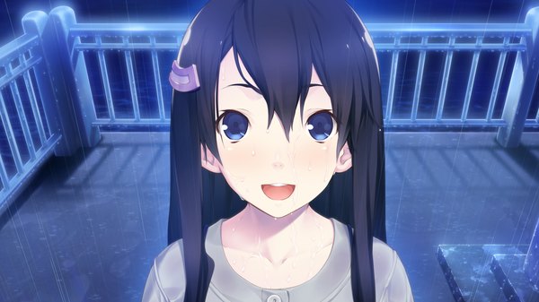 Anime picture 2560x1440 with hana wa oritashi kozue wa takashi long hair looking at viewer highres open mouth blue eyes black hair wide image game cg rain girl