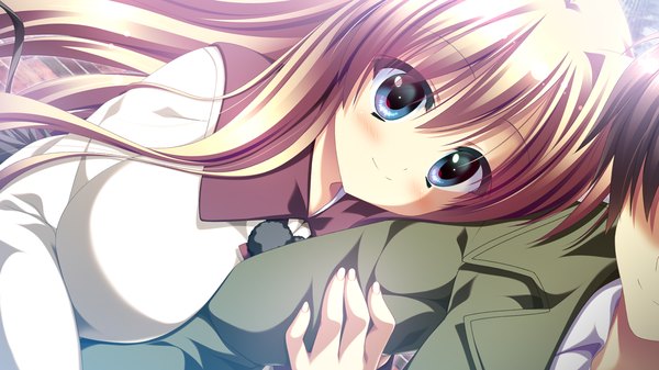 Anime picture 1280x720 with 12 no tsuki no eve unahara yuki long hair blush blue eyes blonde hair wide image game cg light smile couple girl boy coat