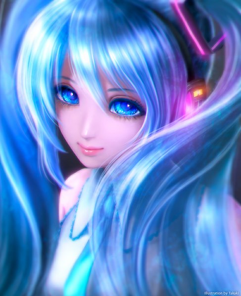 Anime picture 808x994 with vocaloid hatsune miku takashi mare single tall image looking at viewer twintails bare shoulders very long hair aqua eyes aqua hair girl headphones