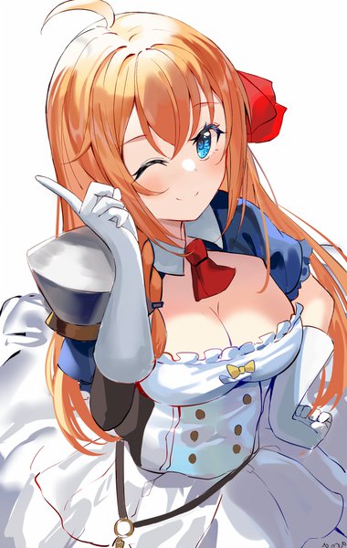 Anime picture 633x1000 with princess connect! re:dive princess connect! pecorine (princess connect!) aroa (aroamoyasi) single long hair tall image looking at viewer breasts blue eyes simple background smile white background cleavage ahoge one eye closed from above wink orange hair hand on hip