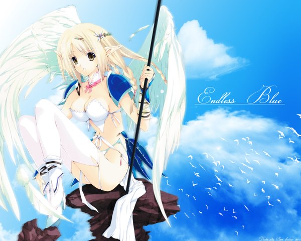 Anime picture 1280x1024 with messe-sanoh iizuki tasuku single long hair looking at viewer fringe breasts blue eyes light erotic blonde hair sitting payot sky cleavage cloud (clouds) full body braid (braids) parted lips pointy ears sunlight