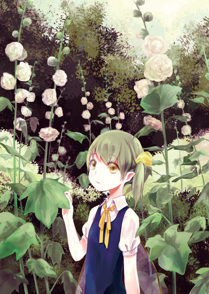 Anime picture 893x1253 with touhou daiyousei rikapo single tall image short hair green eyes looking away green hair from above pointy ears side ponytail girl flower (flowers) plant (plants) wings tree (trees) hollyhock