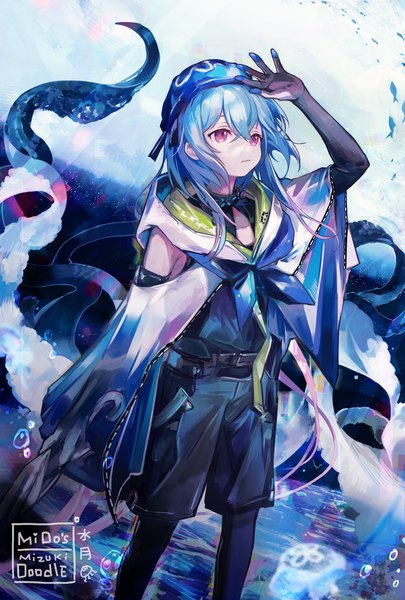Anime picture 2362x3496 with arknights mizuki (arknights) mido (mido chen) single tall image fringe highres short hair hair between eyes standing purple eyes signed blue hair looking away arm up character names underwater otoko no ko boy shorts