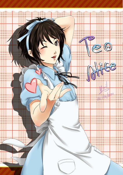 Anime picture 1240x1753 with tagme (copyright) alice (wonderland) v-sil single tall image blush short hair open mouth brown hair signed one eye closed wink inscription grey eyes outstretched arm otoko no ko blown kiss dress boy ribbon (ribbons)