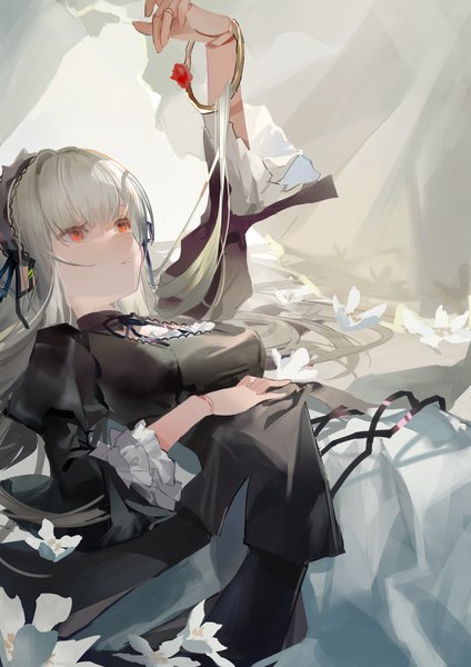 Anime picture 2480x3508 with rozen maiden suigintou you zhaqi single long hair tall image fringe highres red eyes silver hair lying arm up on back looking up expressionless doll joints girl dress black dress