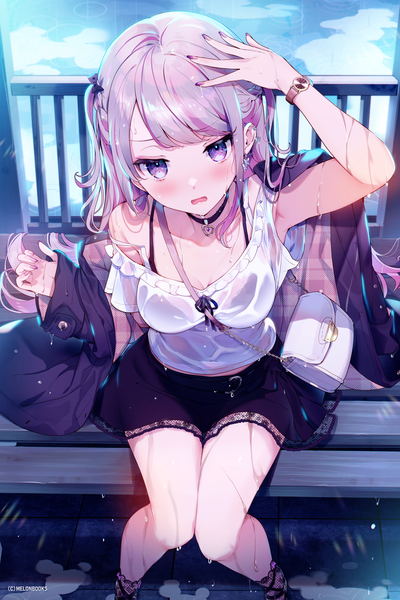 Anime picture 2850x4270 with original melonbooks kat (bu-kunn) single long hair tall image looking at viewer blush fringe highres open mouth light erotic sitting purple eyes purple hair blunt bangs long sleeves nail polish multicolored hair arm up