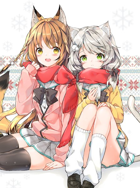 Anime picture 746x1000 with original juna long hair tall image looking at viewer blush open mouth brown hair sitting multiple girls green eyes animal ears yellow eyes silver hair tail braid (braids) animal tail pleated skirt cat ears cat tail