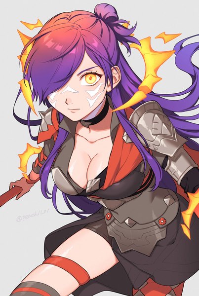 Anime picture 1571x2337 with fire emblem fire emblem: three houses fire emblem warriors: three hopes nintendo shez (fire emblem) shez (female) (fire emblem) awakened shez (female) peach11 01 single long hair tall image fringe breasts light erotic simple background signed yellow eyes cleavage purple hair hair over one eye