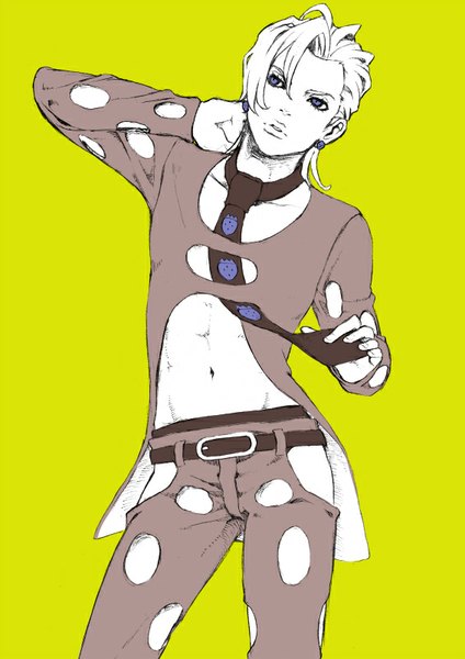 Anime picture 566x800 with jojo no kimyou na bouken pannacotta fugo chounorin single tall image short hair simple background standing purple eyes looking away bare belly groin arm behind head green background food print partially colored strawberry print boy navel earrings