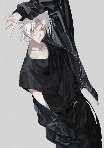 Anime picture 1000x1414 with original ugonba (howatoro) single tall image looking at viewer short hair simple background signed white hair arm up grey background open jacket twitter username victory low ponytail white eyes boy jacket belt bomber jacket
