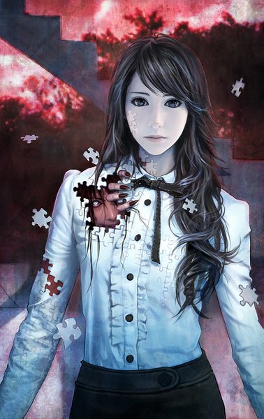 Anime picture 757x1200 with original eat0123 long hair tall image looking at viewer fringe blue eyes black hair smile hair between eyes brown hair multiple girls sky nail polish fingernails black eyes realistic wavy hair long fingernails destruction