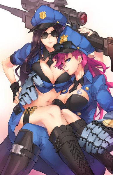 Anime picture 900x1391 with league of legends caitlyn (league of legends) vi (league of legends) officer caitlyn ge b (mightykow) long hair tall image looking at viewer fringe breasts blue eyes light erotic black hair large breasts multiple girls pink hair tattoo hug piercing ear piercing