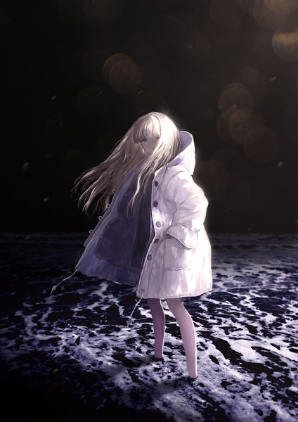 Anime picture 1061x1500 with original megusuri single long hair tall image looking at viewer fringe blue eyes blonde hair standing full body outdoors blunt bangs one eye closed wind night open clothes partially submerged lens flare hands in pockets