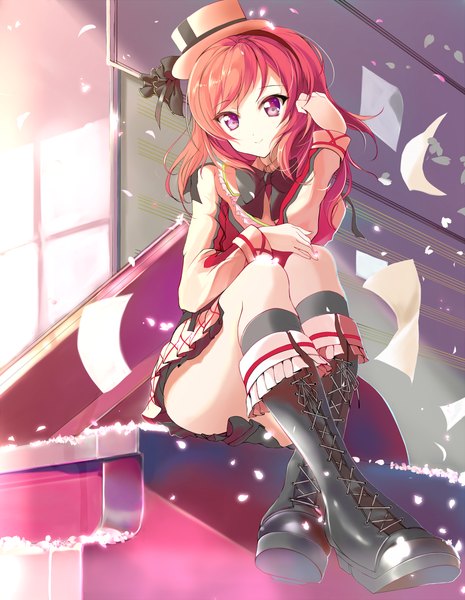 Anime picture 985x1272 with love live! school idol project sunrise (studio) love live! nishikino maki 41y (yooichiwai) single long hair tall image looking at viewer smile sitting red hair long sleeves pleated skirt pink eyes wind sunlight lacing girl skirt